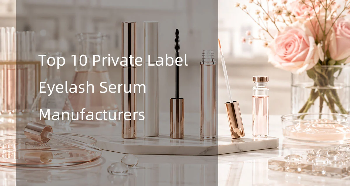 Eyelash serum containers and rose gold packaging on a marble countertop with pink roses in the background.